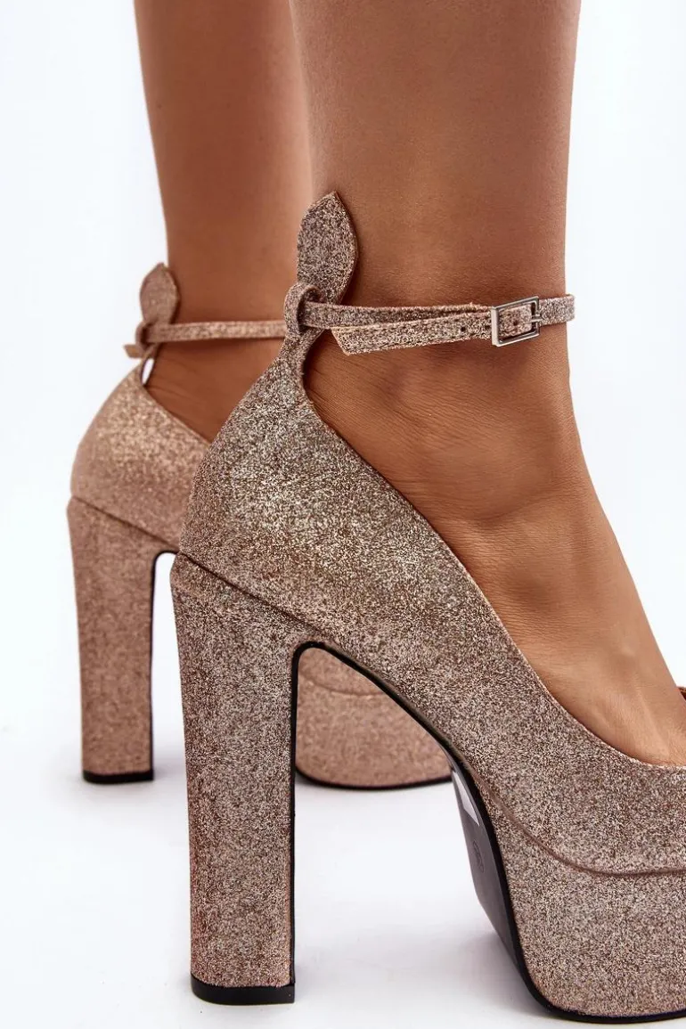 Brokatowe Czółenka Na Wysokim Słupku Złote Mommoi