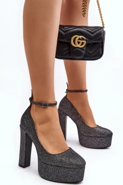 Brokatowe Czółenka Na Wysokim Słupku Czarne Mommoi