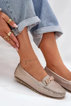 Brokatowe Płaskie Mokasyny Ze Skóry Naturalnej D&A LR51-546 Złote