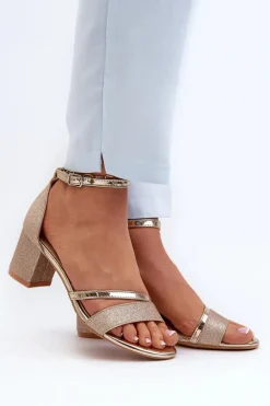 Brokatowe Sandały Damskie Na Niskim Słupku Złote Ploemis