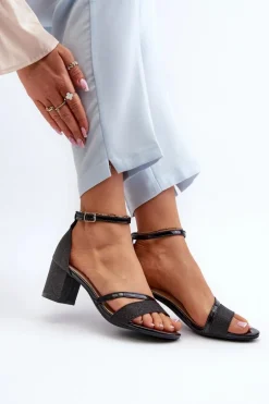 Brokatowe Sandały Damskie Na Niskim Słupku Czarne Ploemis