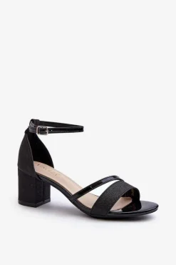 Brokatowe Sandały Damskie Na Niskim Słupku Czarne Ploemis