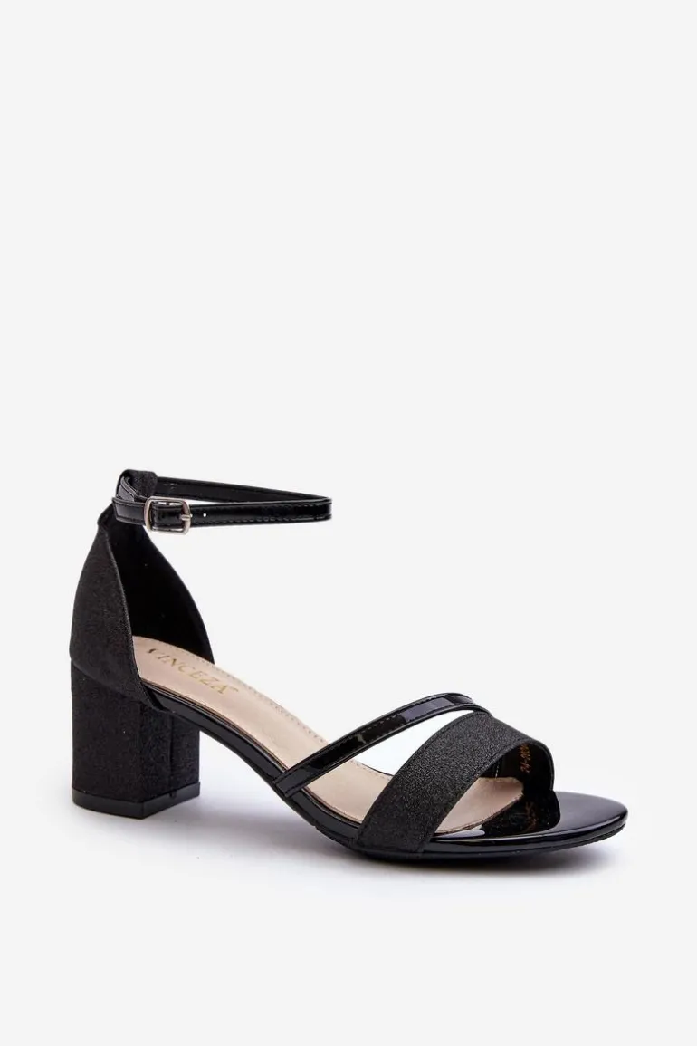 Brokatowe Sandały Damskie Na Niskim Słupku Czarne Ploemis