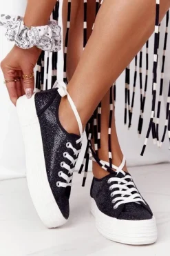 Brokatowe Tenisówki Na Platformie Czarne Luna