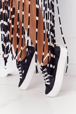 Brokatowe Tenisówki Na Platformie Czarne Luna