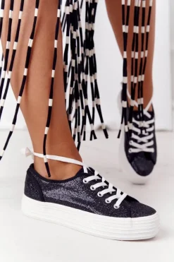 Brokatowe Tenisówki Na Platformie Czarne Luna