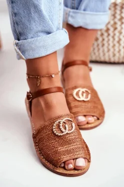 Brązowe Damskie Płaskie Sandałki Lu Boo Plecione Felicia