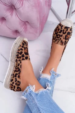 Brązowe Wsuwane Zamszowe Espadryle Leopard Mariako