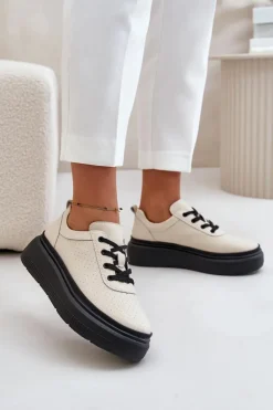Buty Sportowe Damskie Na Platformie Skóra Naturalna Beżowe 41470 Vinceza