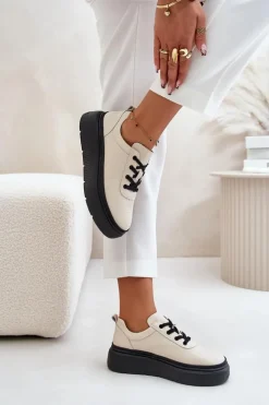 Buty Sportowe Damskie Na Platformie Skóra Naturalna Beżowe 41470 Vinceza