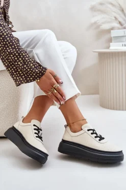 Buty Sportowe Damskie Na Platformie Skóra Naturalna Beżowe 41470 Vinceza