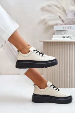 Buty Sportowe Damskie Na Platformie Skóra Naturalna Beżowe 41470 Vinceza
