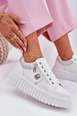 Buty Sportowe Damskie Na Platformie Z Eko Skóry Białe Velionna