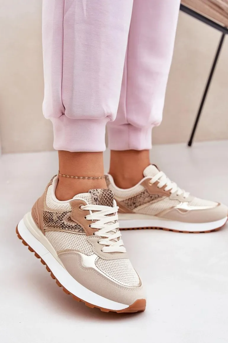 Buty Sportowe Damskie Na Platformie Zwierzęcy Wzór Beżowe Davinara