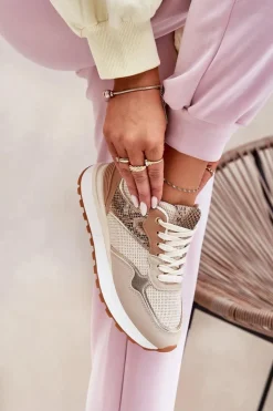 Buty Sportowe Damskie Na Platformie Zwierzęcy Wzór Beżowe Davinara