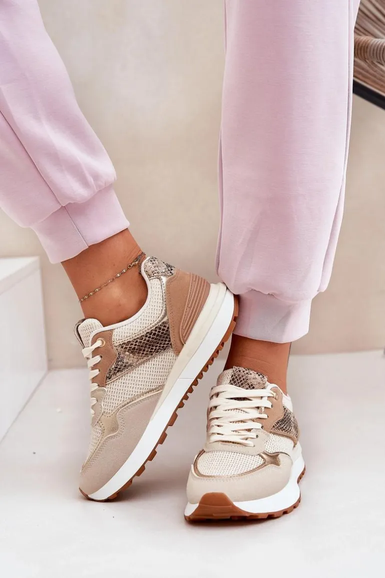 Buty Sportowe Damskie Na Platformie Zwierzęcy Wzór Beżowe Davinara