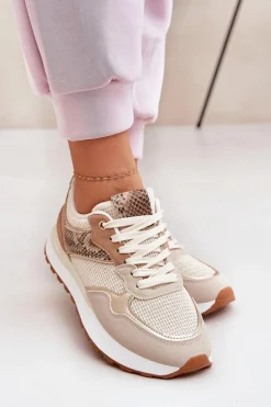 Buty Sportowe Damskie Na Platformie Zwierzęcy Wzór Beżowe Davinara