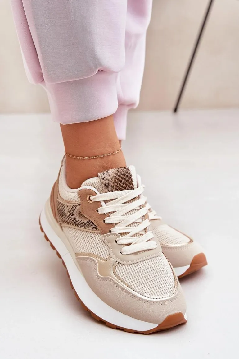 Buty Sportowe Damskie Na Platformie Zwierzęcy Wzór Beżowe Davinara