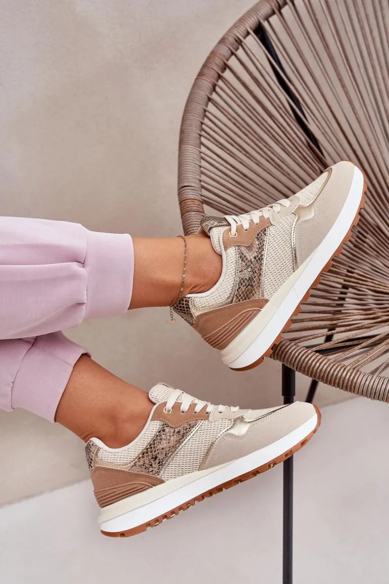 Buty Sportowe Damskie Na Platformie Zwierzęcy Wzór Beżowe Davinara