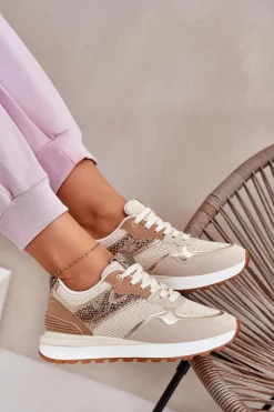 Buty Sportowe Damskie Na Platformie Zwierzęcy Wzór Beżowe Davinara