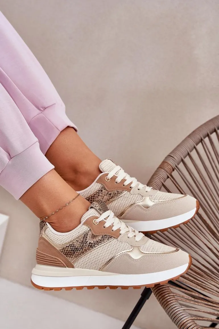 Buty Sportowe Damskie Na Platformie Zwierzęcy Wzór Beżowe Davinara