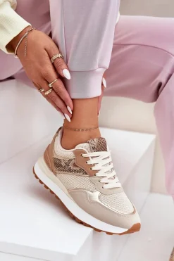 Buty Sportowe Damskie Na Platformie Zwierzęcy Wzór Beżowe Davinara