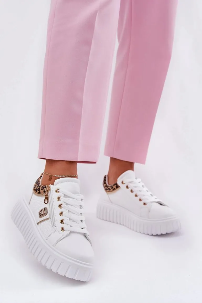 Buty Sportowe Damskie Na Platformie Z Eko Skóry Panterka Białe Velionna