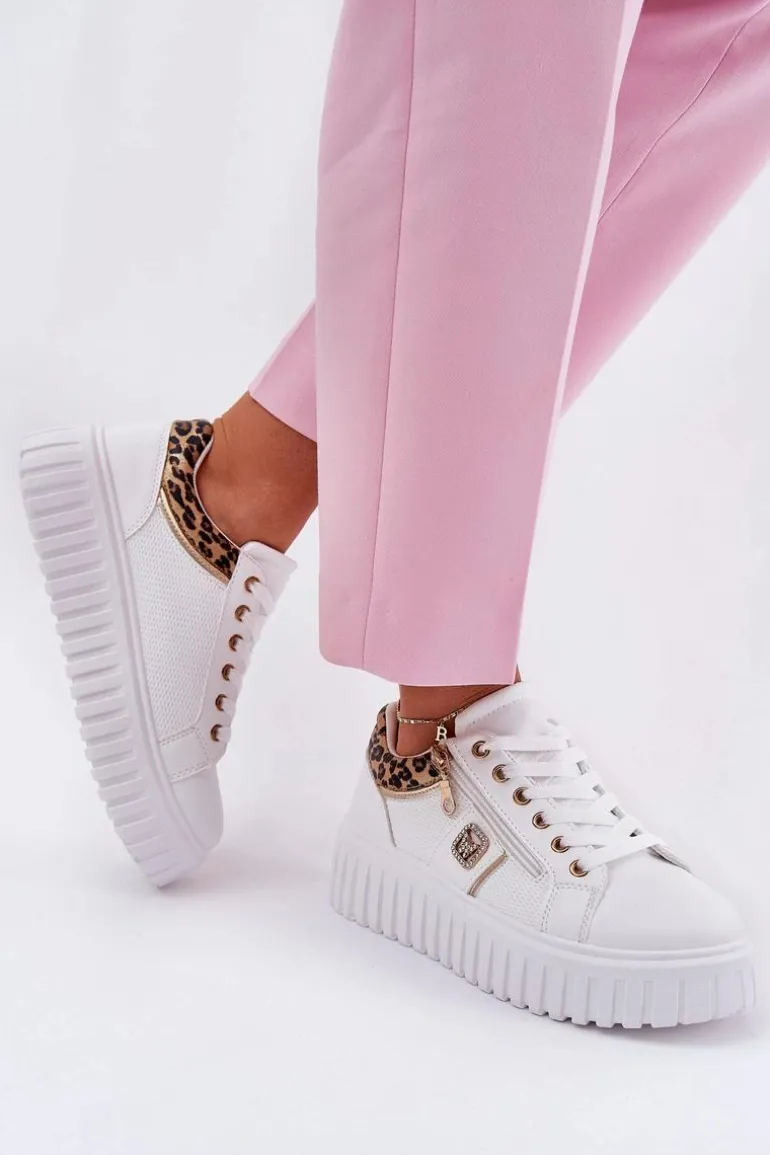 Buty Sportowe Damskie Na Platformie Z Eko Skóry Panterka Białe Velionna