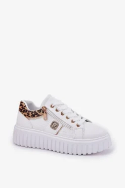 Buty Sportowe Damskie Na Platformie Z Eko Skóry Panterka Białe Velionna