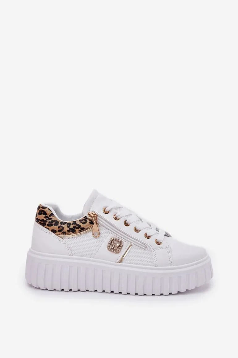 Buty Sportowe Damskie Na Platformie Z Eko Skóry Panterka Białe Velionna