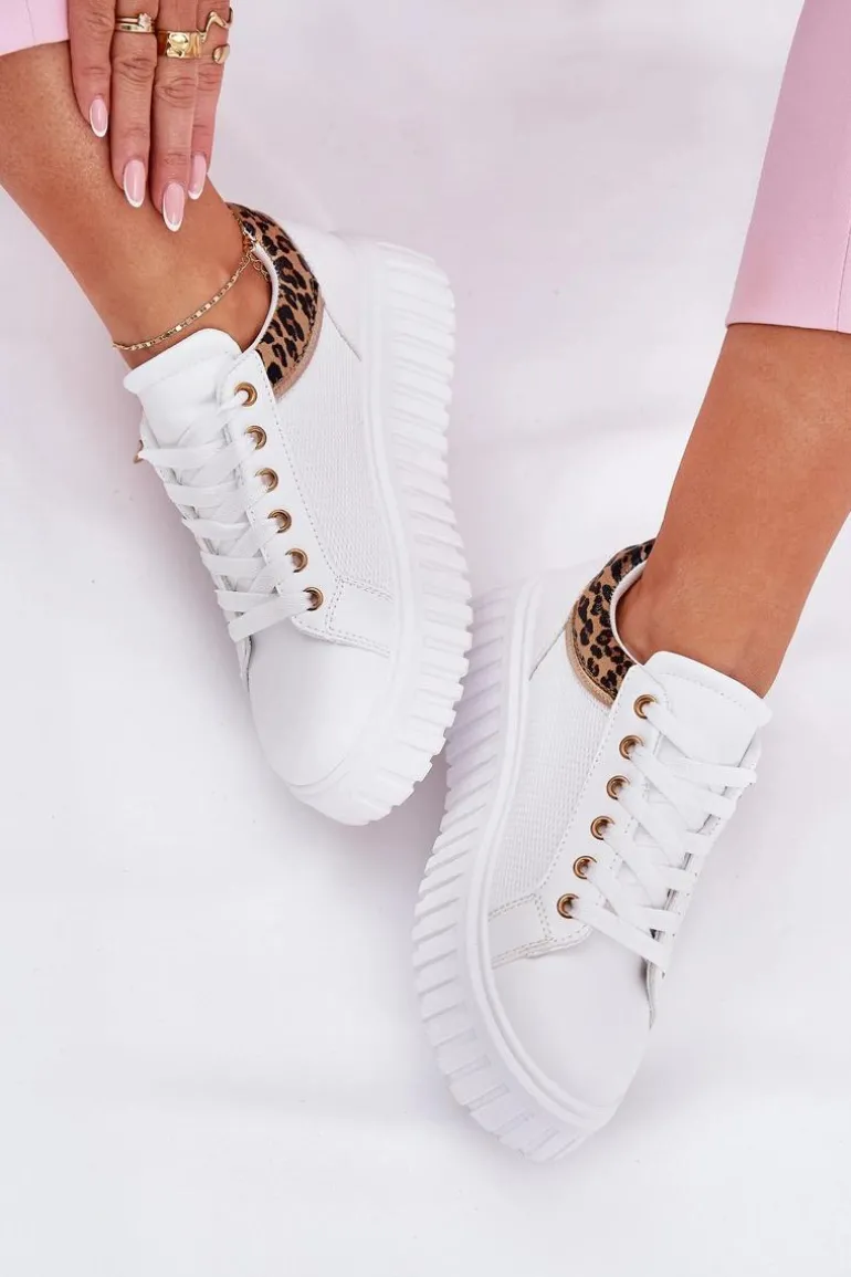 Buty Sportowe Damskie Na Platformie Z Eko Skóry Panterka Białe Velionna