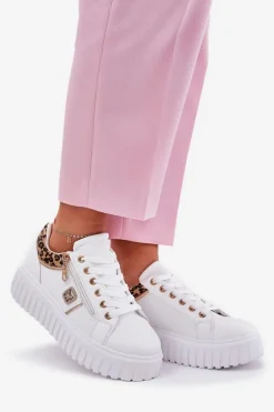 Buty Sportowe Damskie Na Platformie Z Eko Skóry Panterka Białe Velionna