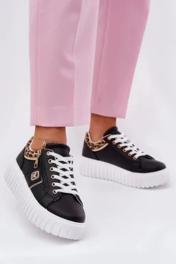 Buty Sportowe Damskie Na Platformie Z Eko Skóry Panterka Czarne Velionna