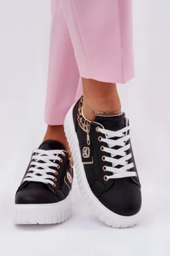 Buty Sportowe Damskie Na Platformie Z Eko Skóry Panterka Czarne Velionna