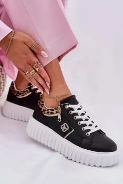 Buty Sportowe Damskie Na Platformie Z Eko Skóry Panterka Czarne Velionna