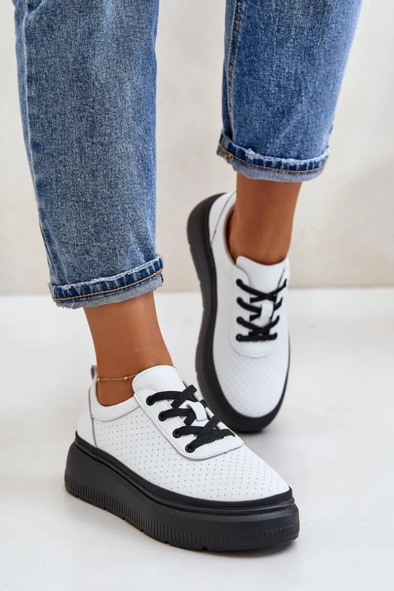 Buty Sportowe Damskie Na Platformie Skóra Naturalna Białe 41470 Vinceza