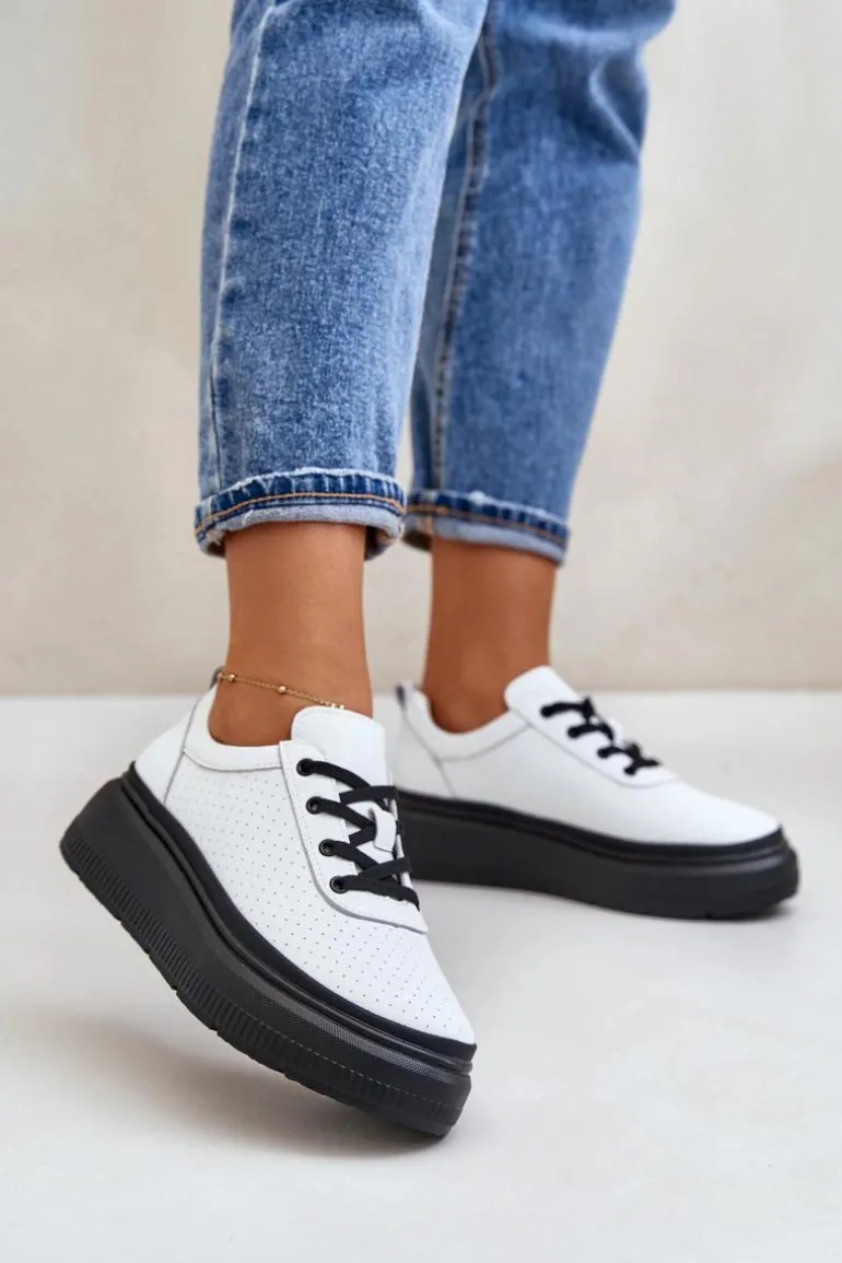 Buty Sportowe Damskie Na Platformie Skóra Naturalna Białe 41470 Vinceza
