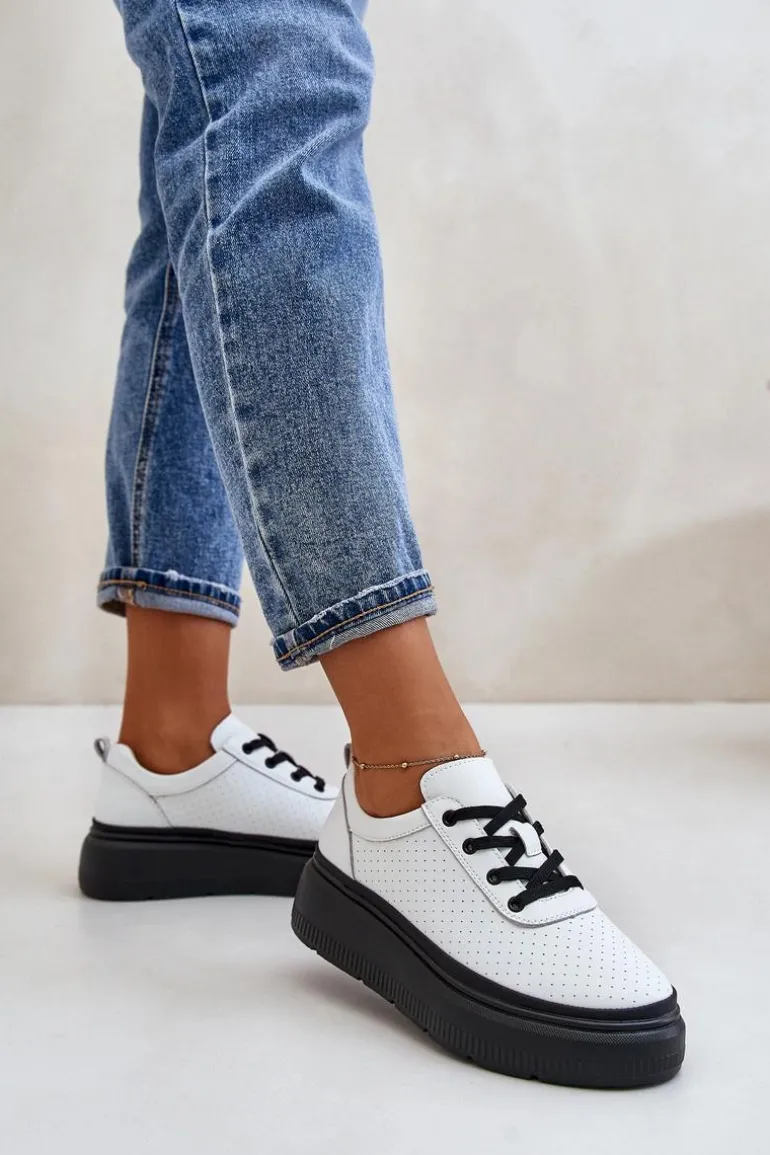 Buty Sportowe Damskie Na Platformie Skóra Naturalna Białe 41470 Vinceza