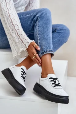 Buty Sportowe Damskie Na Platformie Skóra Naturalna Białe 41470 Vinceza
