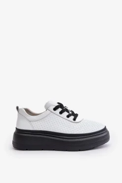Buty Sportowe Damskie Na Platformie Skóra Naturalna Białe 41470 Vinceza