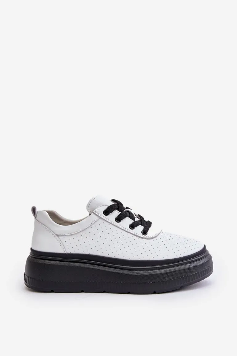Buty Sportowe Damskie Na Platformie Skóra Naturalna Białe 41470 Vinceza
