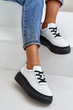 Buty Sportowe Damskie Na Platformie Skóra Naturalna Białe 41470 Vinceza