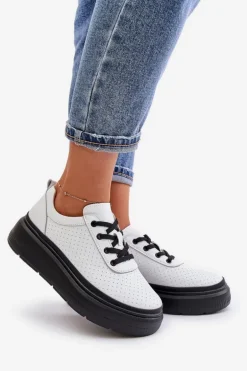 Buty Sportowe Damskie Na Platformie Skóra Naturalna Białe 41470 Vinceza