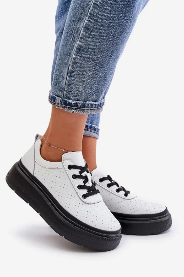 Buty Sportowe Damskie Na Platformie Skóra Naturalna Białe 41470 Vinceza