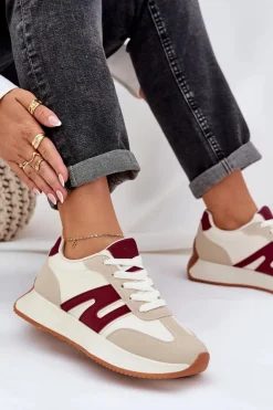 Buty Sportowe Damskie Na Platformie Beżowo-Bordowe Emidi