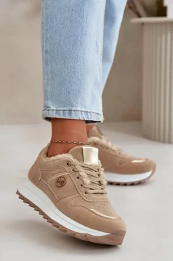 Buty Sportowe Damskie Ocieplane Futerkiem Na Platformie Khaki Lerisas