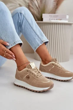 Buty Sportowe Damskie Ocieplane Futerkiem Na Platformie Khaki Lerisas