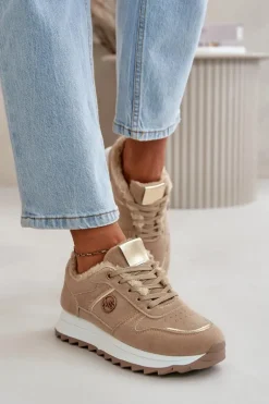 Buty Sportowe Damskie Ocieplane Futerkiem Na Platformie Khaki Lerisas