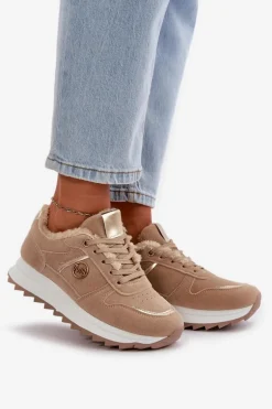 Buty Sportowe Damskie Ocieplane Futerkiem Na Platformie Khaki Lerisas