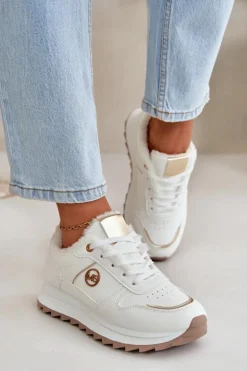 Buty Sportowe Damskie Ocieplane Futerkiem Na Platformie Białe Lerisas